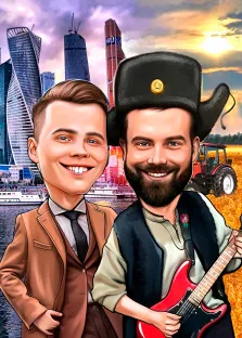 Мужской Шарж портрет, двое мужчин на фоне "Москва-сити", мужчина слева в коричневом классическом костюме и в пальто, мужчина справа с бородой, в шапке ушанке и с красной гитарой, художник Александра 