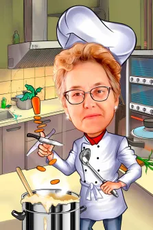 Портрет светловолосой женщины в очках и с короткой стрижкой в образе повара на кухне, портрет выполнен в стиле Шарж, художник Александра 