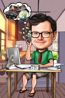 Мужской портрет в стиле Шарж: мужчина в очках и зелёной рубашке сидит за ноутбуком, художник Александра 