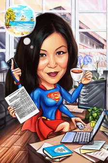 Портрет темноволосой девушки в стиле Шарж в образе сотрудника офиса в костюме супер-героя, художник Павел 