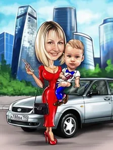 Женский шарж с ребенком на фоне авто