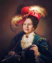 Портрет бабушки в старинном образе в шляпе с перьями фотомонтажа в известную картину