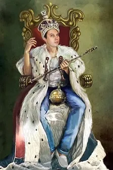 Портрет молодого человека в джинсах в образе короля на основе фотомонтажа в известную картину