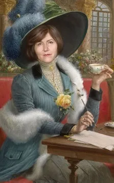 Женский портрет в образе: кареглазая девушка в шляпке пишет письмо и пьёт чай, художник Анна
