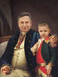 Портрет мужчины с сыном в образе на основе фотомонтажа в известную картину