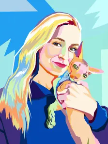 Wpap, художник Олеся, портрет девушки с разноцветными волосами в синей  толстовке и с котом