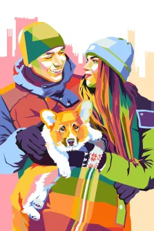 WPAP, художник Олеся, портрет пары в зимней одежде с собакой в руках