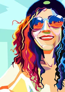 Абстрактный WPAP портрет девушки в солнцезащитных очках и берете, художник Олеся
