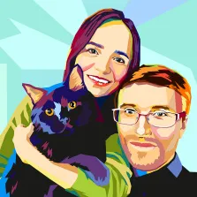 Парный Wpap портрет: бородатый молодой человек рядом с девушкой, которая держит кошку. Художник Олеся.