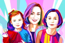 Семейный портрет из трёх человек в стиле Wpap: мама с двумя дочками в ярких красках, художник Александра 