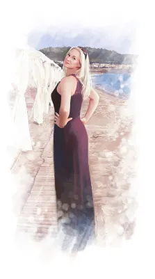 Женский портрет в стиле акварель, девушка блондинка в фиолетовом платье на фоне моря, художник Евгения