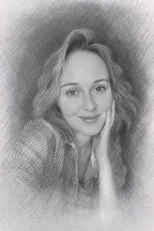 Женский портрет в стиле карандаш, девушка в полосатой рубашке и с длинными волосами, художник Татьяна 