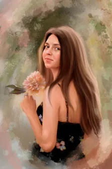 Женский портрет маслом, кареглазая девушка с длинными русыми волосами и с цветком в руке изображена на абстрактном зелёном фоне, художник Софья 