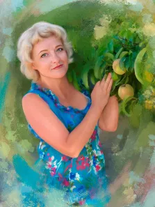 Женский портрет маслом, голубоглазая женщина со светлыми волосами в саду, художник Софья 
