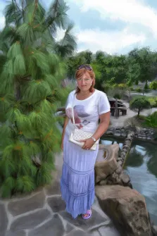 Женский портрет маслом, зеленоглазая женщина в футболке, юбке и с белой сумкой через плечо, стоит на фоне природы, художник Александра 