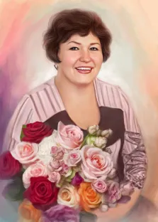 Женский портрет маслом, женщина с короткой стрижкой, в узорчатой кофте и с букетом цветов в руках, художник Анастасия 