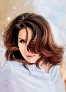 Женский портрет маслом, кареглазая девушка с каштановыми волосами на светлом нейтральном фоне, художник Александра 