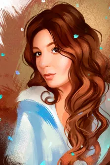 Женский портрет маслом, кареглазая девушка с волнистыми каштановыми волосами на абстрактном фоне, художник Александра 