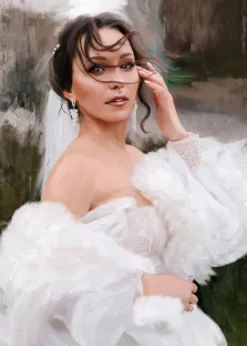 Женский портрет маслом, кареглазая девушка в белом свадебном платье, художник Юлия