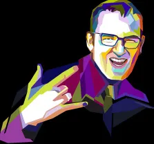Картина по фото в стиле WPAP мужчины в очках с открытой улыбкой и жестом рукой на черном фоне