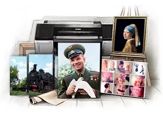 Фото на холсте, репродукция в раме, коллаж и модульная картина с видом Грязей на фоне плоттера, подрамников, рулонов холста