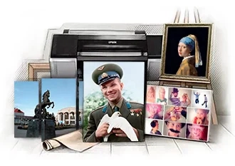 Фото на холсте, репродукция в раме, коллаж и модульная картина с видом Нурлата на фоне плоттера, подрамников, рулонов холста