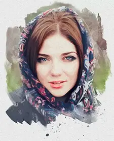 Акварельный портрет девушки в платке, созданный по фото
